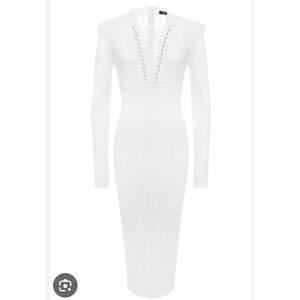 Balmain Cream Lace-up Long Sleeve Midi Sweater Dress Sz:44 Original Price $2200